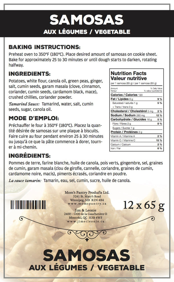 Samosas, vegetable w/ tamarind sauce (12 x 65 g) - Mom's Pantry